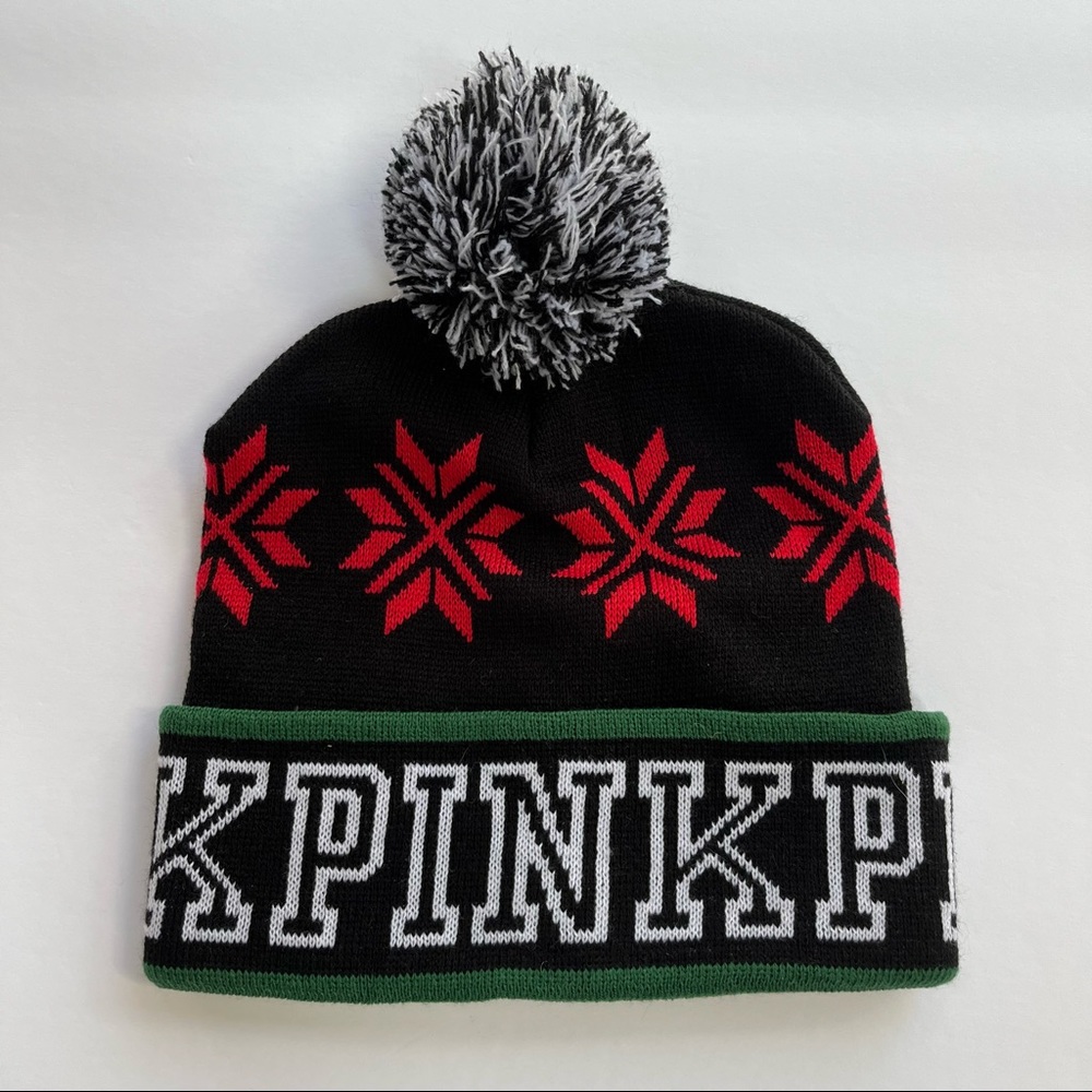 PINK Victoria's Secret Knit Snowflake Pom Pom Beanie